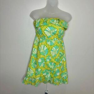 Lilly Pulitzer Strapless Summer Dress Blue Yellow Ruffled Hems size small
